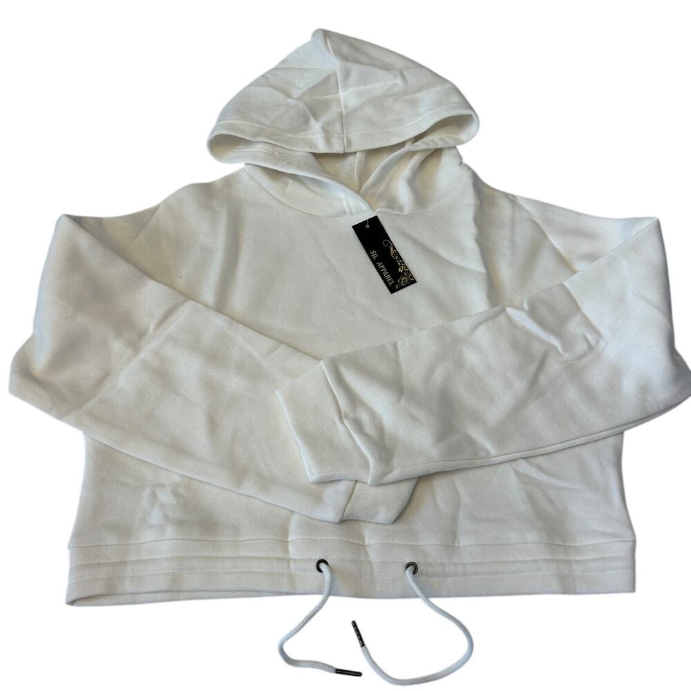 SJL Apparel Women's Cropped Hooded Sweatshirt Size M Ivory Drawstring Waist NWT